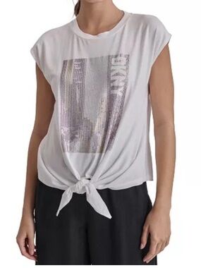 DKNY Women's Rhinestone-Cityscape Sleeveless Tie-Hem Top White Size M